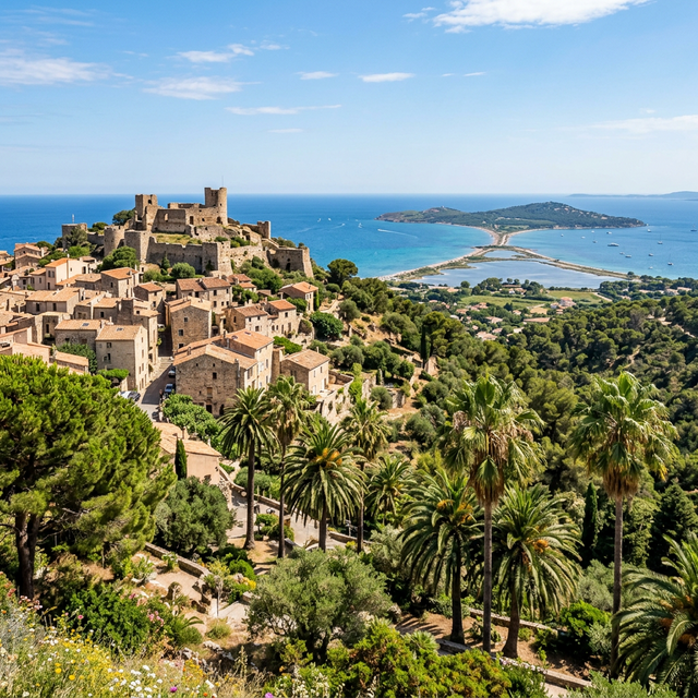 Vue panoramique sur Hyeres-les-Palmiers, ses palmiers et la presqu'ile de Giens dans le Var