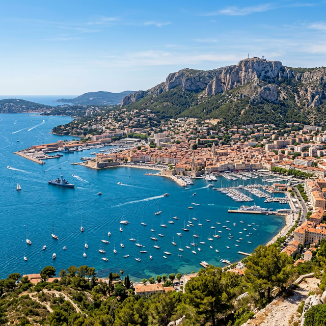 Vue panoramique sur la rade de Toulon et le mont Faron dans le Var