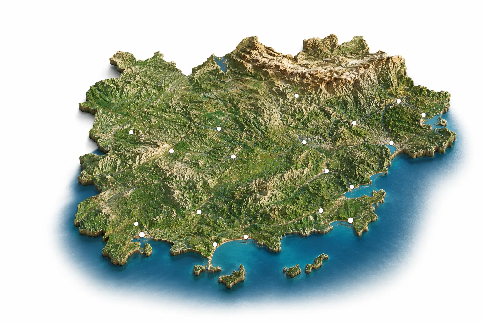 Carte en relief 3D du Var : villes du littoral et îles d'Or