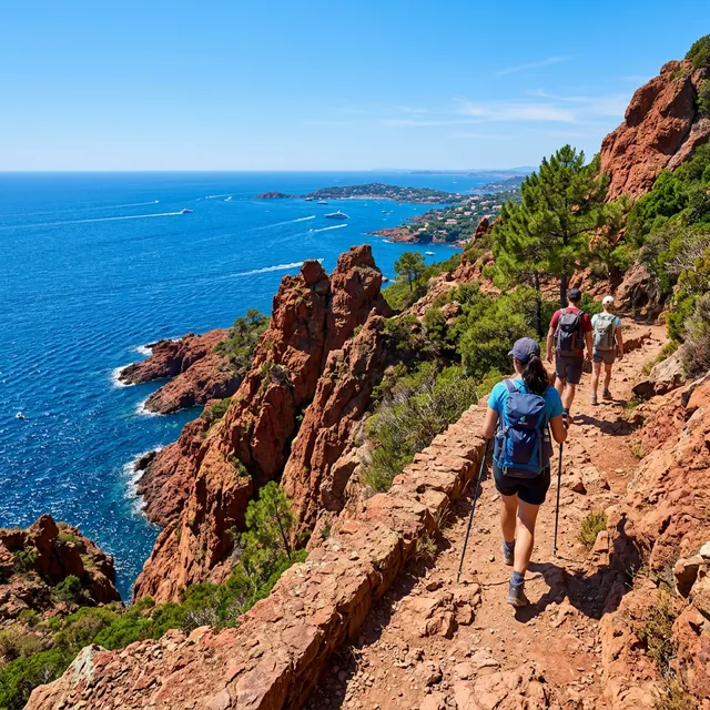 Randonneurs sur un sentier du littoral de l'Estérel, face à la Méditerranée, dans le Var